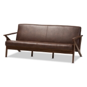 Baxton Studio Bianca Mid-Century Modern Walnut Wood Dark Brown Distressed Faux Leather 3-Seater Sofa